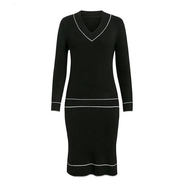 Elegant Two Piece Knitted V-neck Pleated Sweater Loose Office Dress