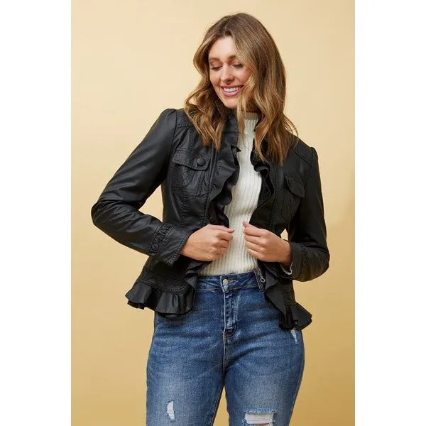 ELLEN FRILL VEGAN LEATHER JACKET