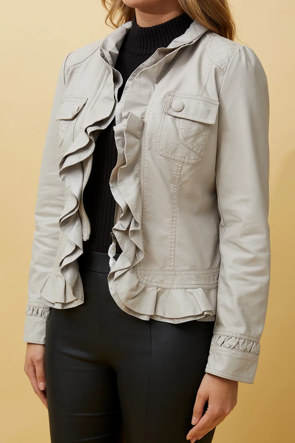 ELLEN FRILL VEGAN LEATHER JACKET