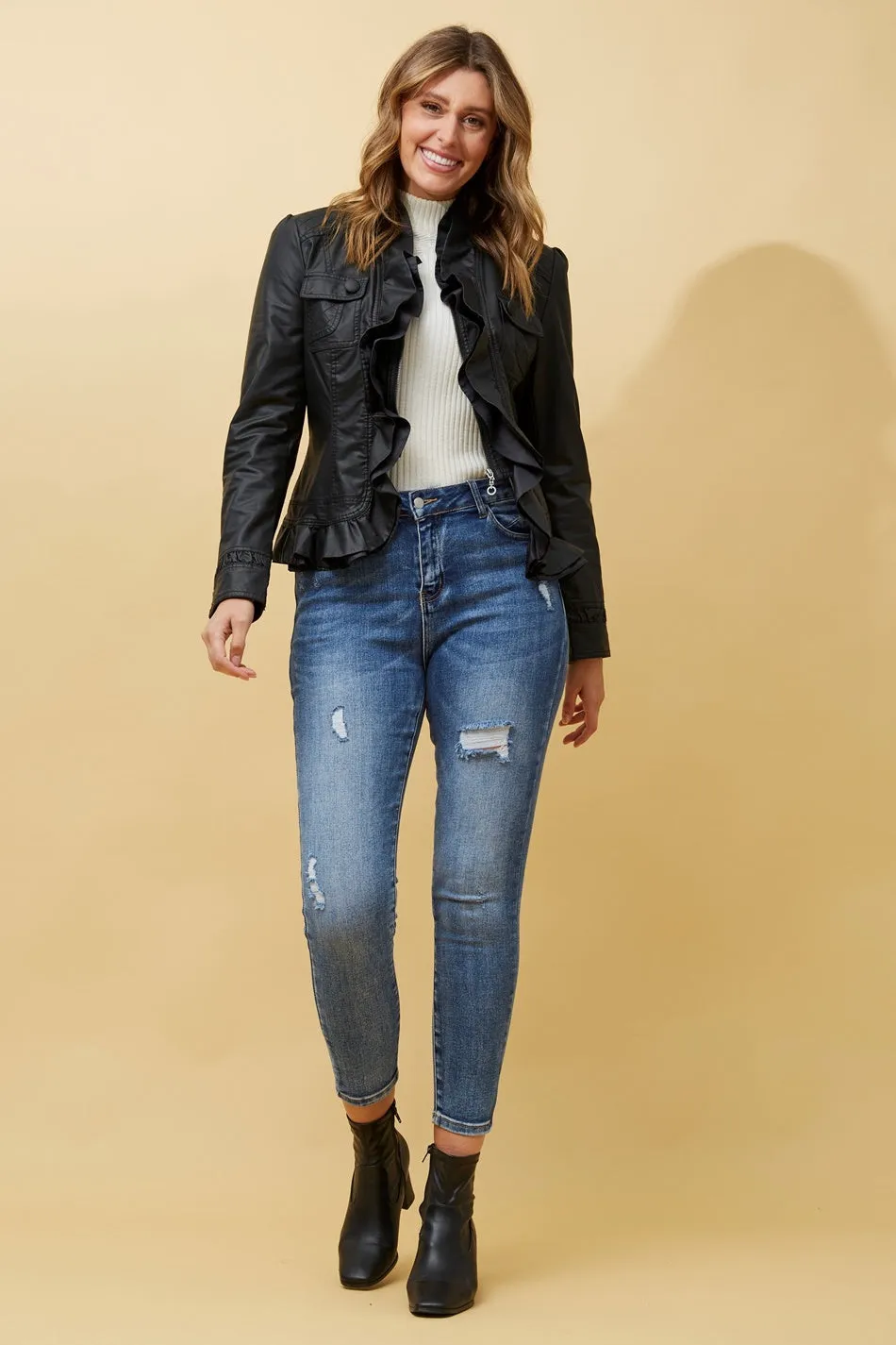 ELLEN FRILL VEGAN LEATHER JACKET