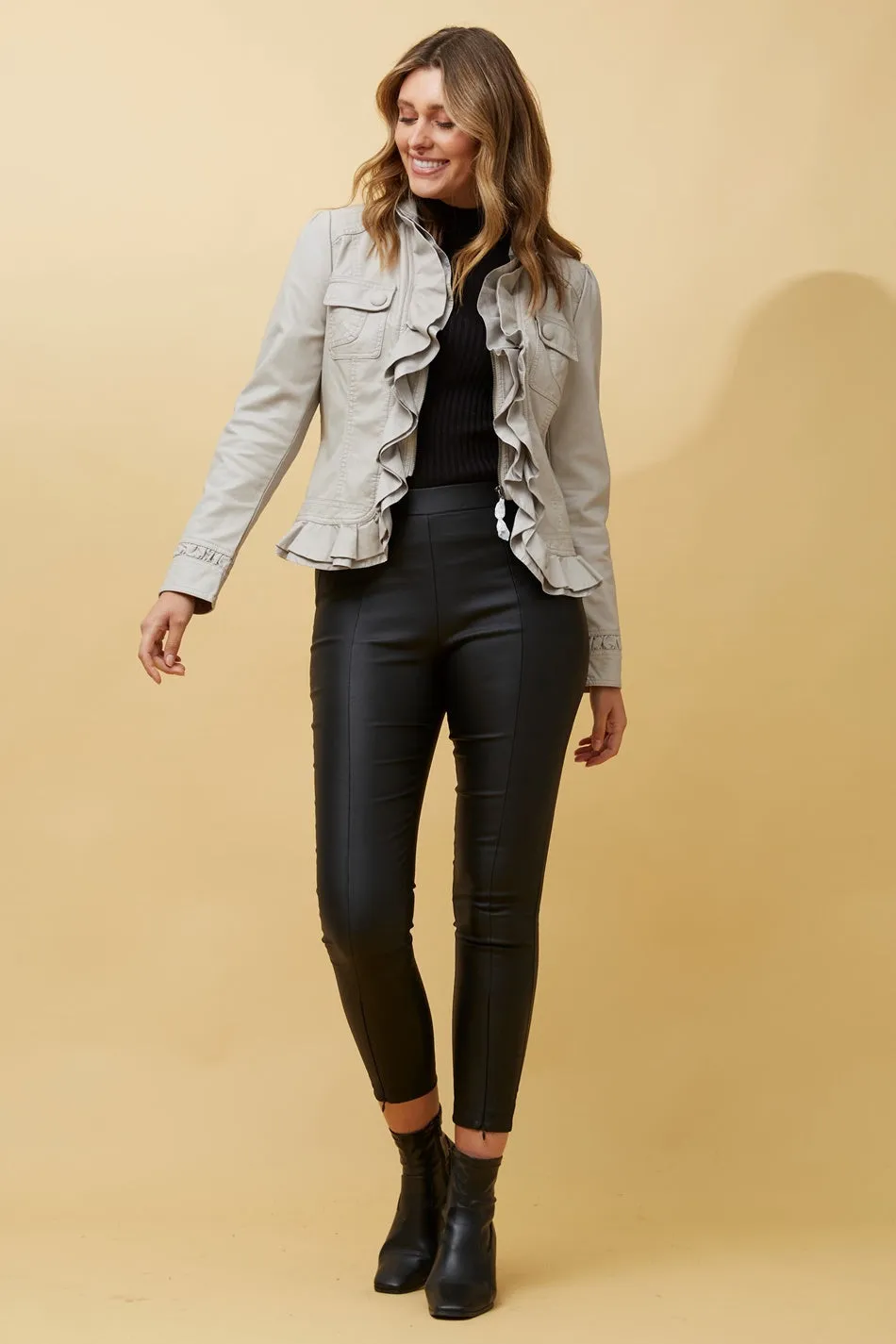 ELLEN FRILL VEGAN LEATHER JACKET