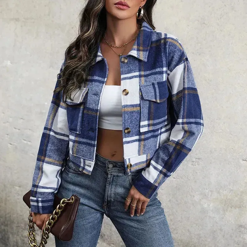 Fashion Oversized Plaid Lapel Cropped Jacket  outwear top for women