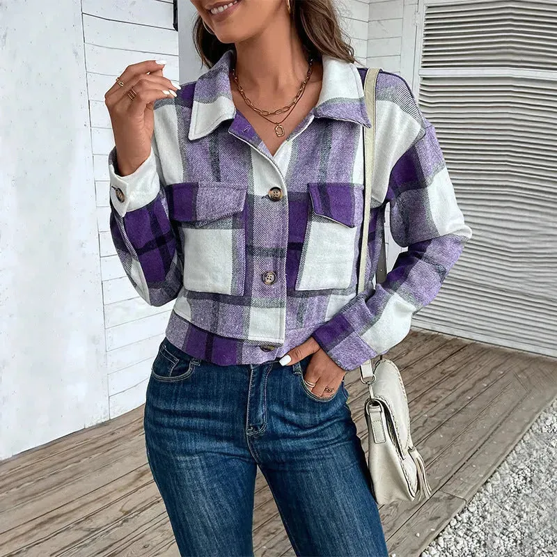 Fashion Oversized Plaid Lapel Cropped Jacket  outwear top for women