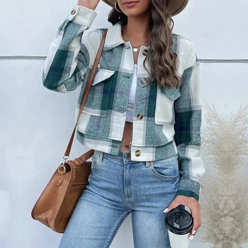 Fashion Oversized Plaid Lapel Cropped Jacket  outwear top for women