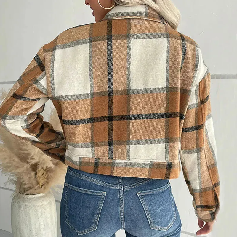 Fashion Oversized Plaid Lapel Cropped Jacket  outwear top for women