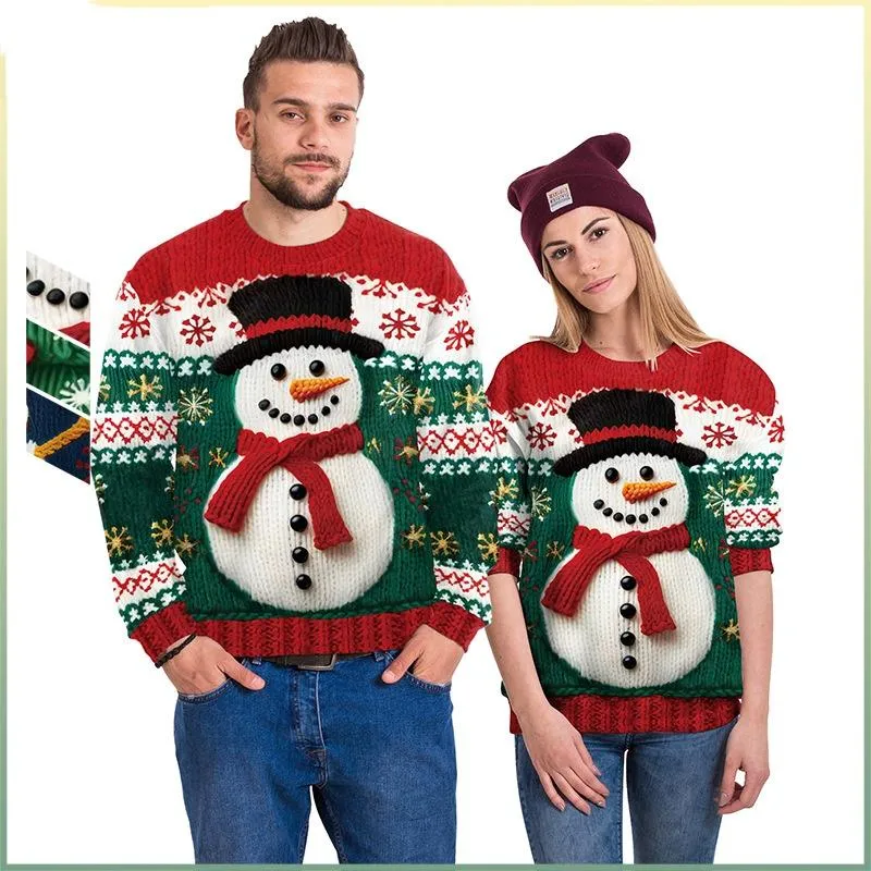 FFOrder Men'S New Snowman Christmas Tree Imitation Sweater Pattern 3D Digital Printed Crewneck Hoodie Christmas Couple Clothing