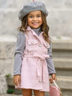 Forever Chic Grey Turtleneck and Belted Pink Tweed Shacket Dress Set