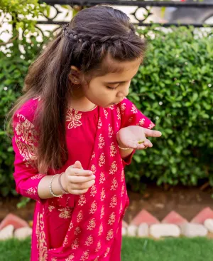 Fuchsia and Gold Printed Top with Saree Skirt for Baby Girl