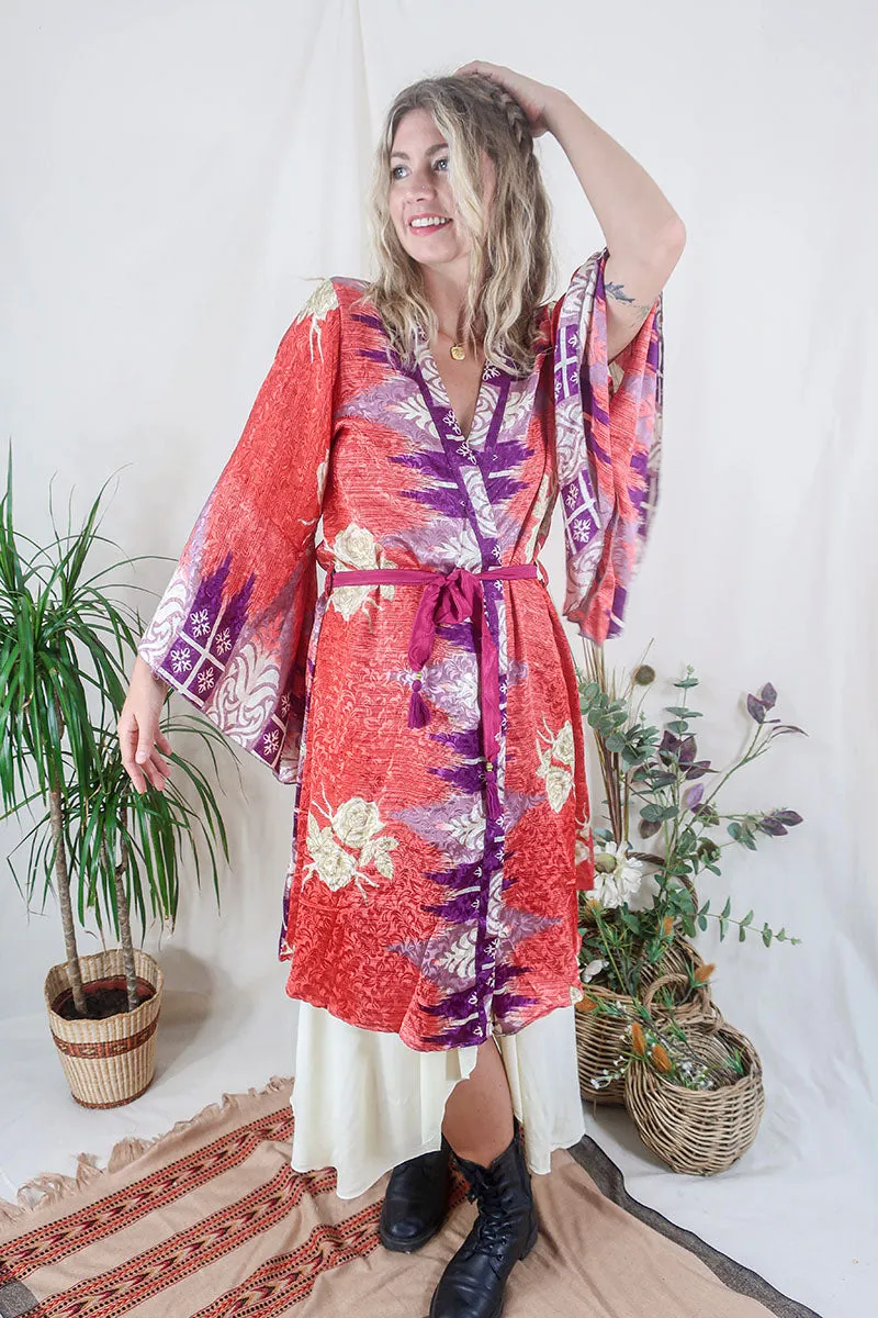 Gemini Kimono - Strawberry Red & Painted Roses - Vintage Indian Sari - Size M/L