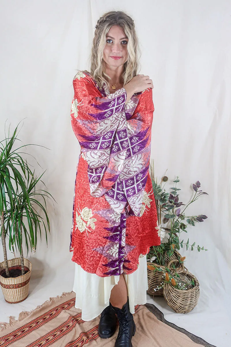 Gemini Kimono - Strawberry Red & Painted Roses - Vintage Indian Sari - Size M/L