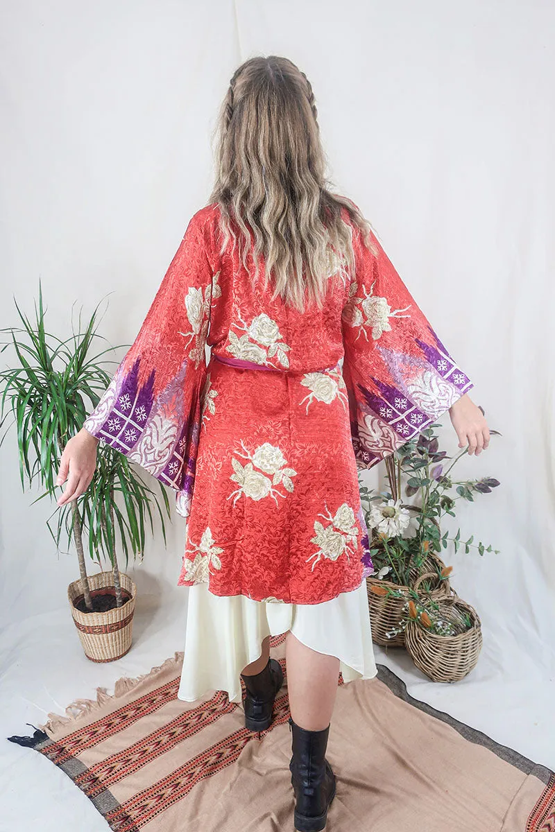 Gemini Kimono - Strawberry Red & Painted Roses - Vintage Indian Sari - Size M/L