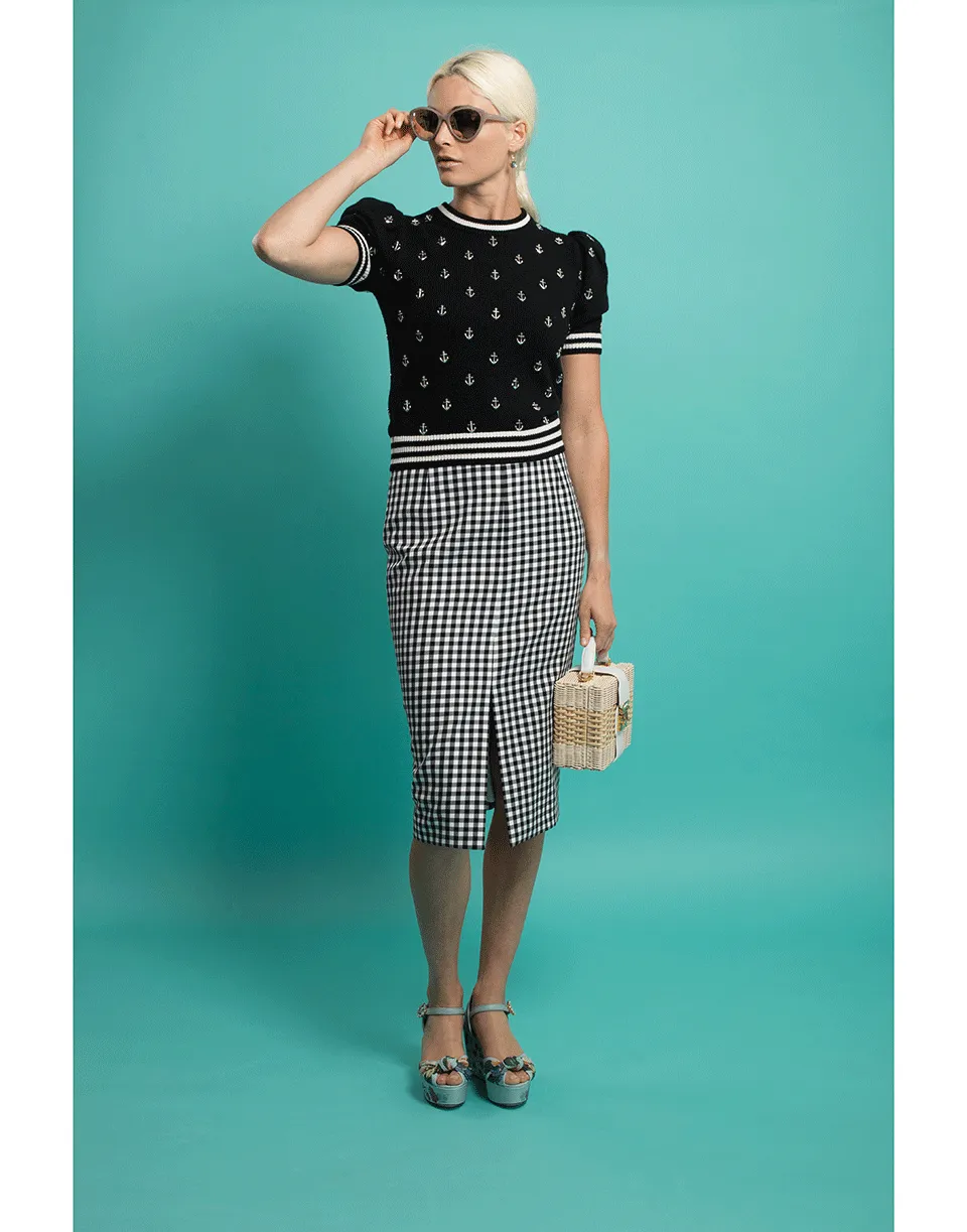 Gingham Cotton Slit Pencil Skirt