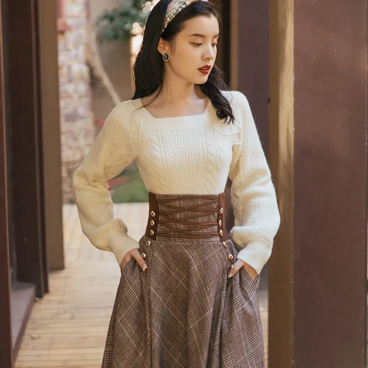 Girlary-shop 2000s fashion Autumn and Winter New Twist Square Collar Long Sleeve Thick Sweater   Lace Plaid Woolen Skirt Two-Piece Set