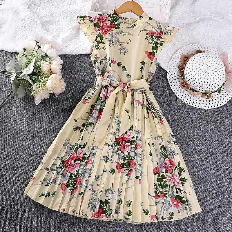 Girls Dress Summer Flounced Sleeve Printing Pleated Princess Dress