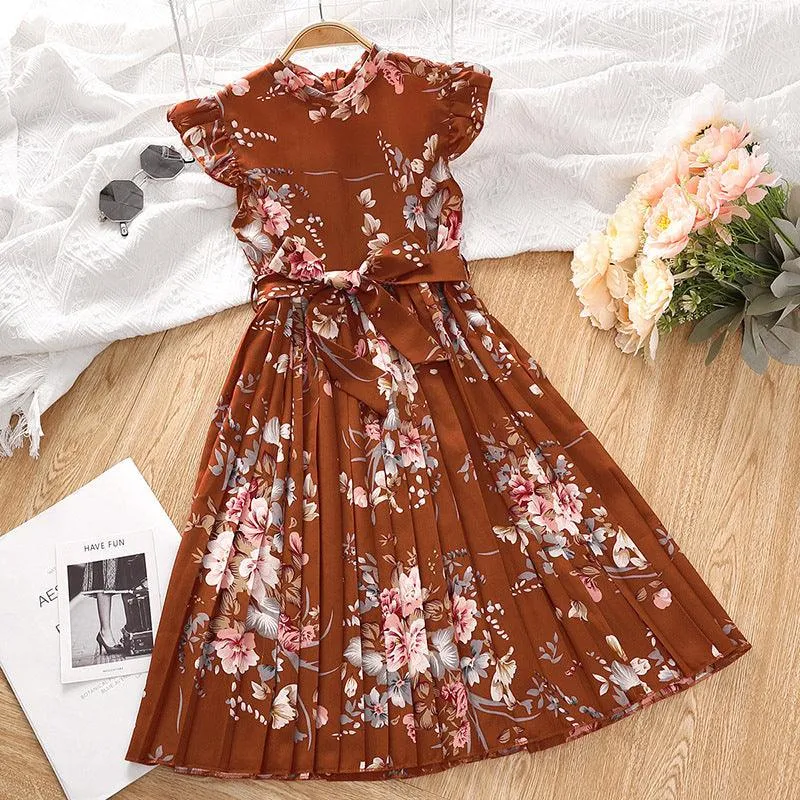 Girls Dress Summer Flounced Sleeve Printing Pleated Princess Dress