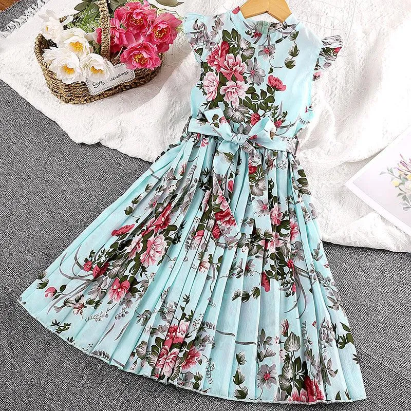 Girls Dress Summer Flounced Sleeve Printing Pleated Princess Dress