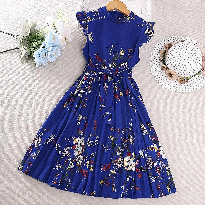 Girls Dress Summer Flounced Sleeve Printing Pleated Princess Dress