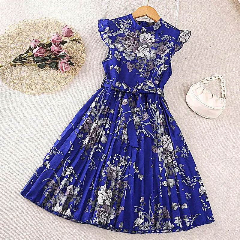 Girls Dress Summer Flounced Sleeve Printing Pleated Princess Dress