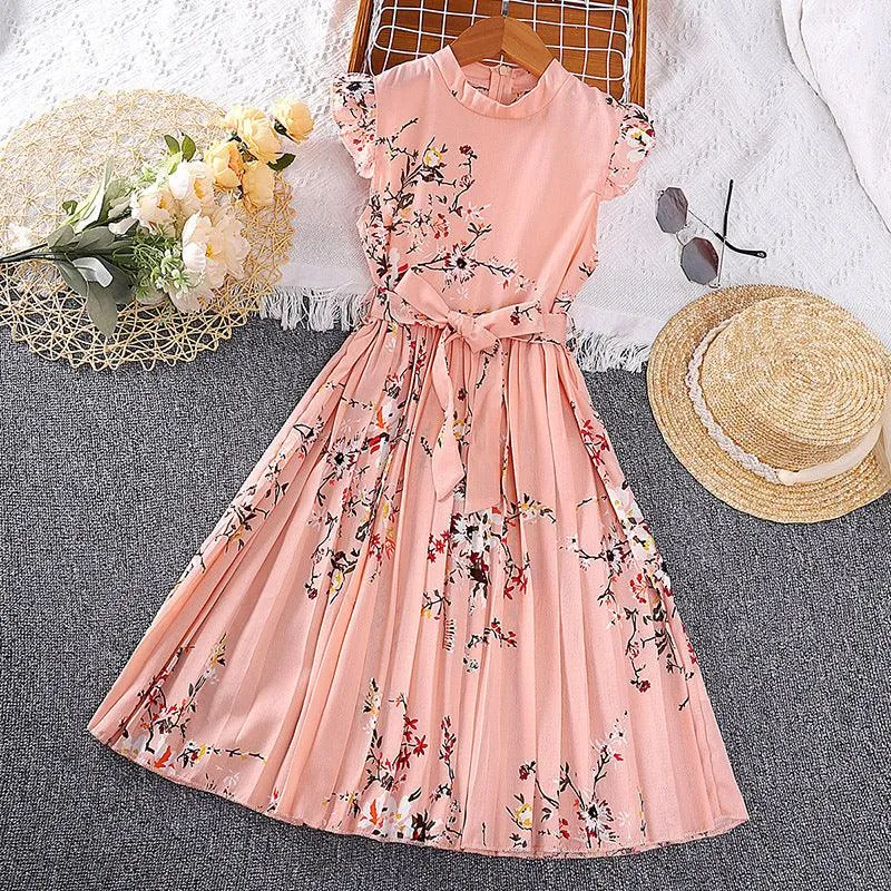 Girls Dress Summer Flounced Sleeve Printing Pleated Princess Dress