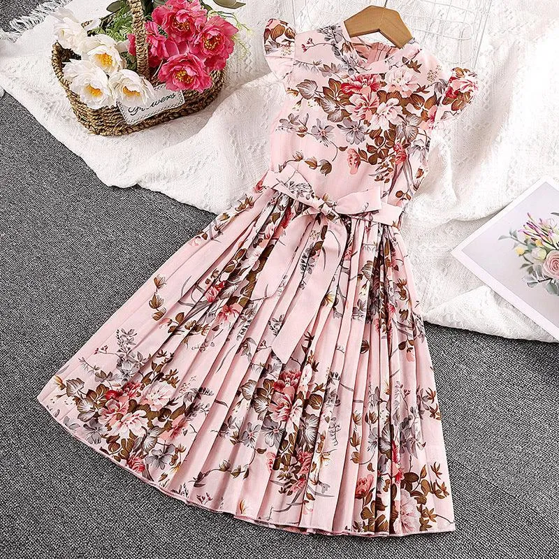 Girls Dress Summer Flounced Sleeve Printing Pleated Princess Dress