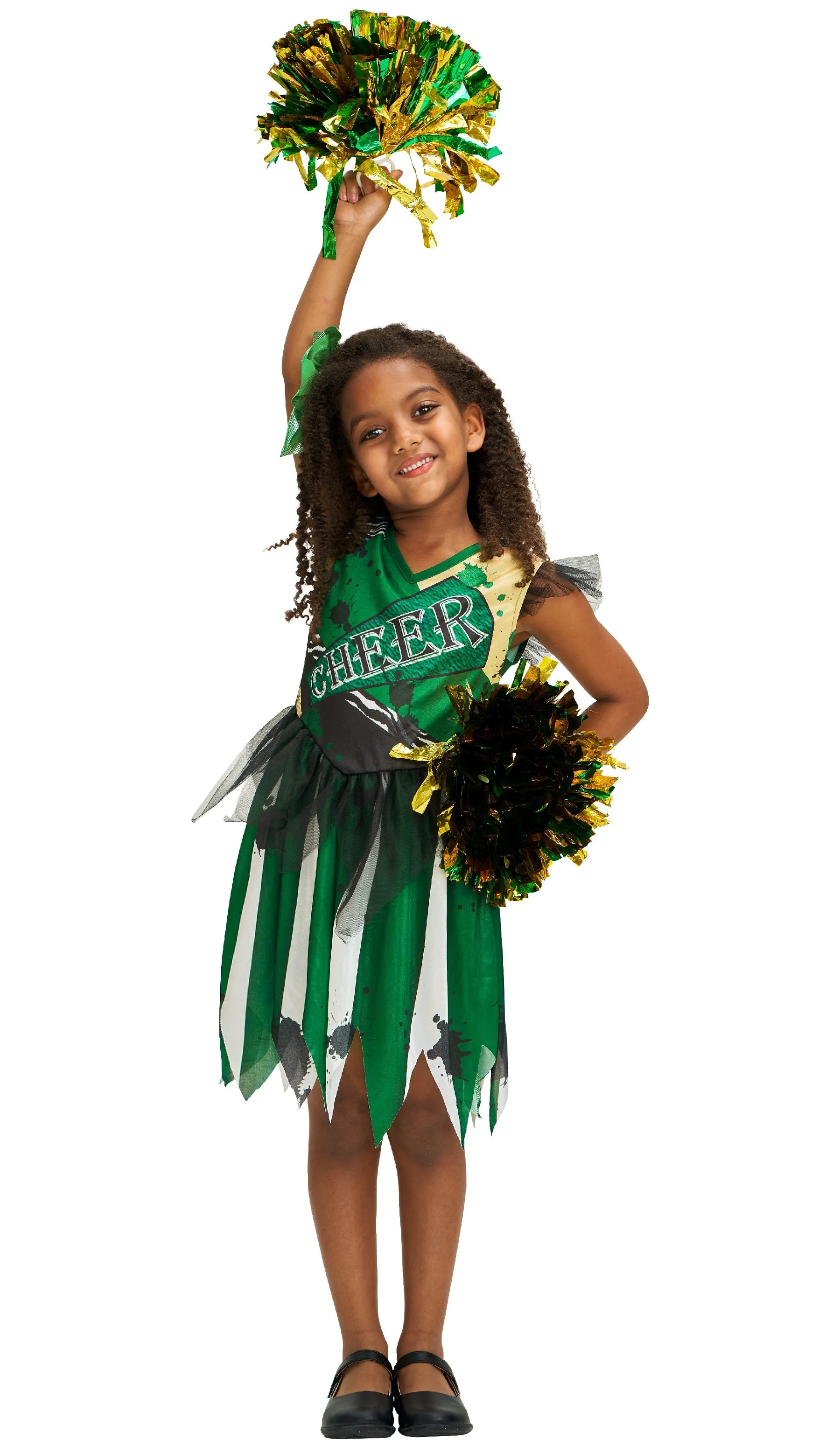 Girls Zombie Cheerleader Dress Pompoms Hairpin Set Halloween Costume