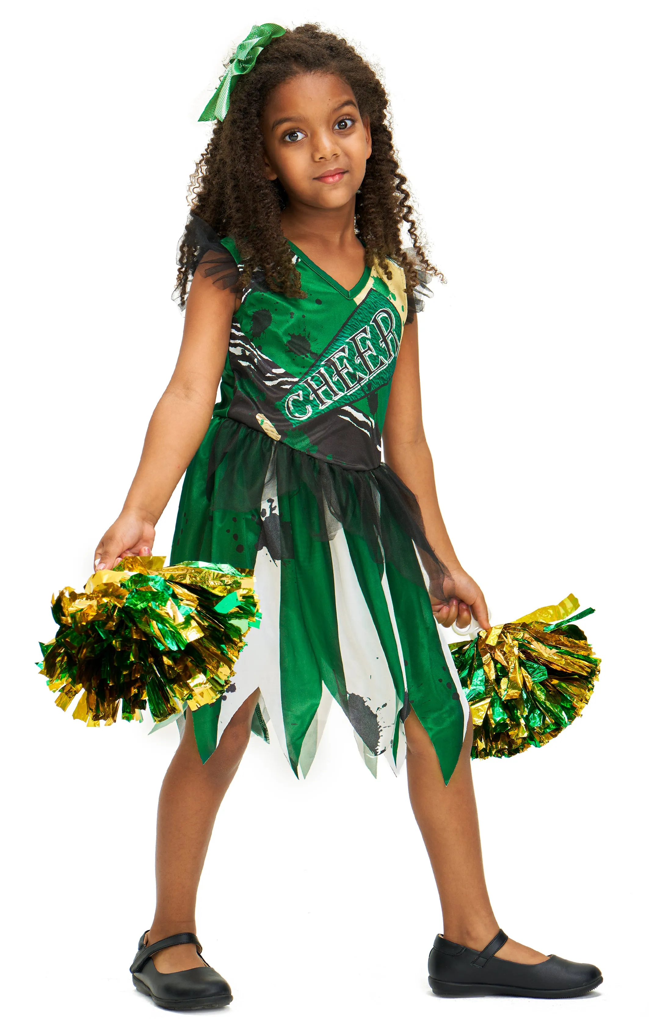 Girls Zombie Cheerleader Dress Pompoms Hairpin Set Halloween Costume