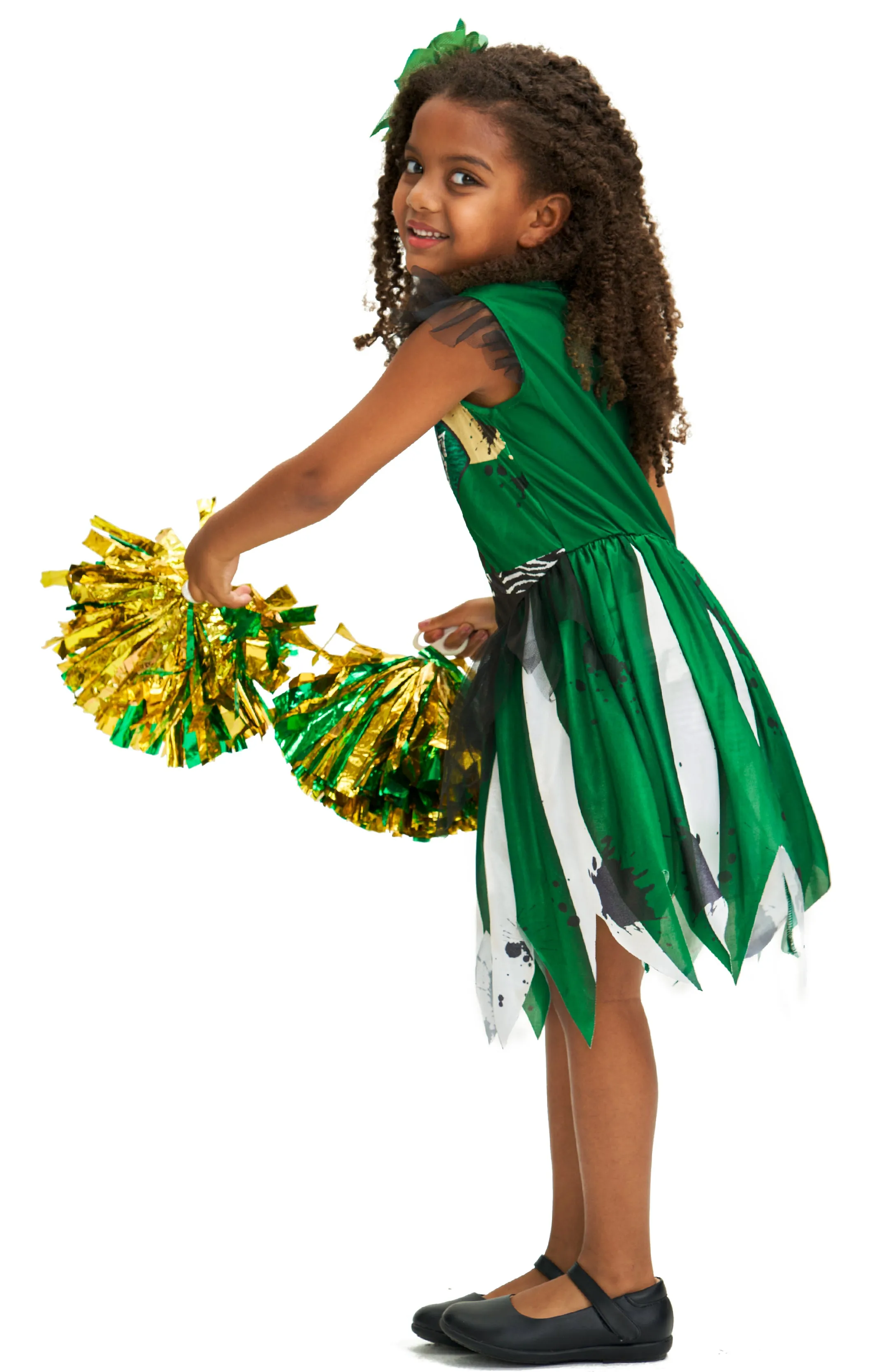 Girls Zombie Cheerleader Dress Pompoms Hairpin Set Halloween Costume