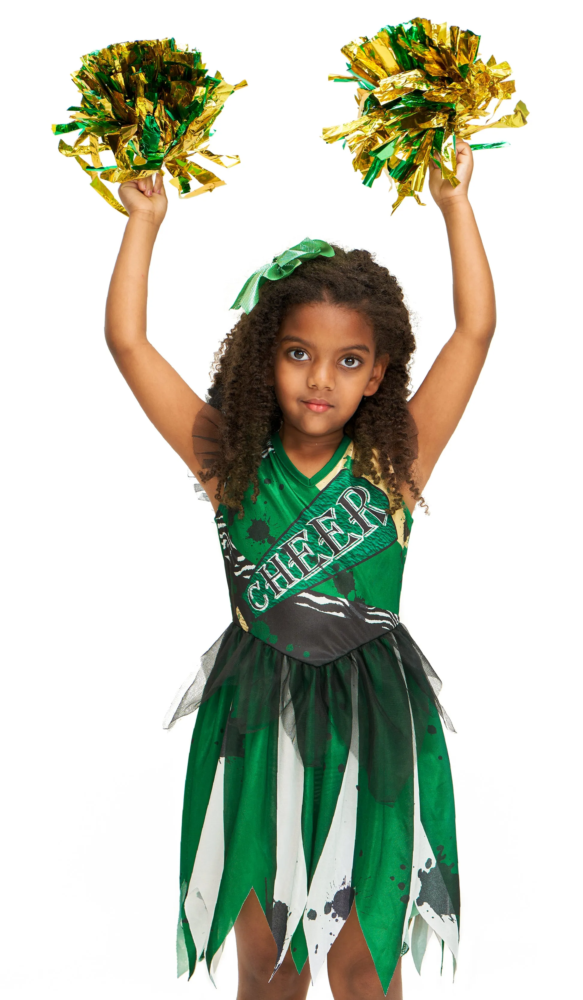 Girls Zombie Cheerleader Dress Pompoms Hairpin Set Halloween Costume