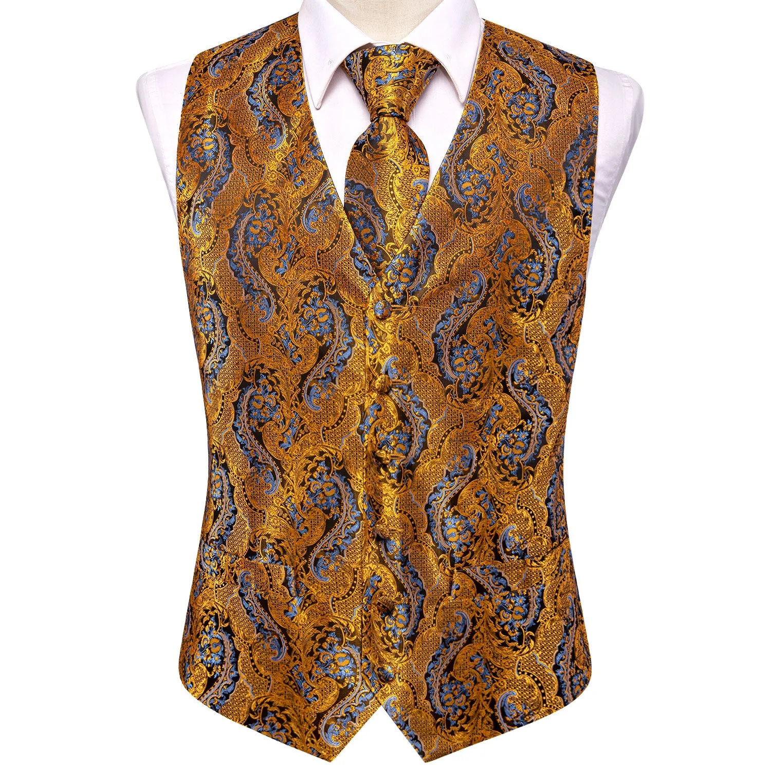 Golden Brown Paisley Silk Men's Vest Hanky Cufflinks Tie Set Waistcoat Suit Set