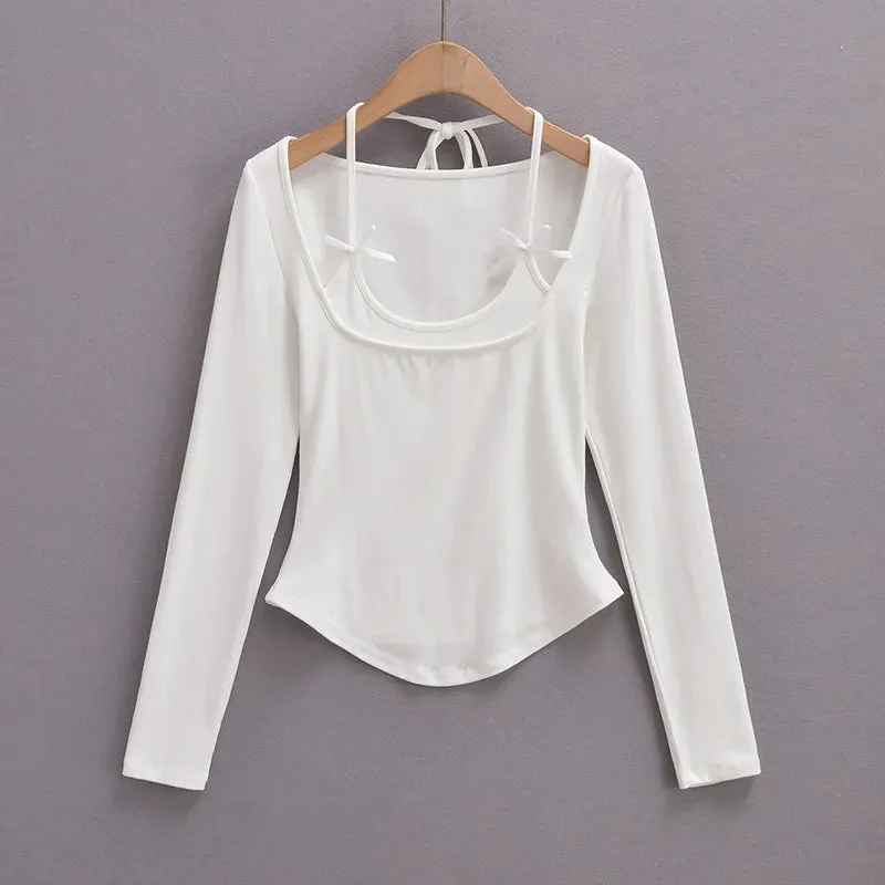 Halter Crop Top Faux 2 Pieces Long Sleeve