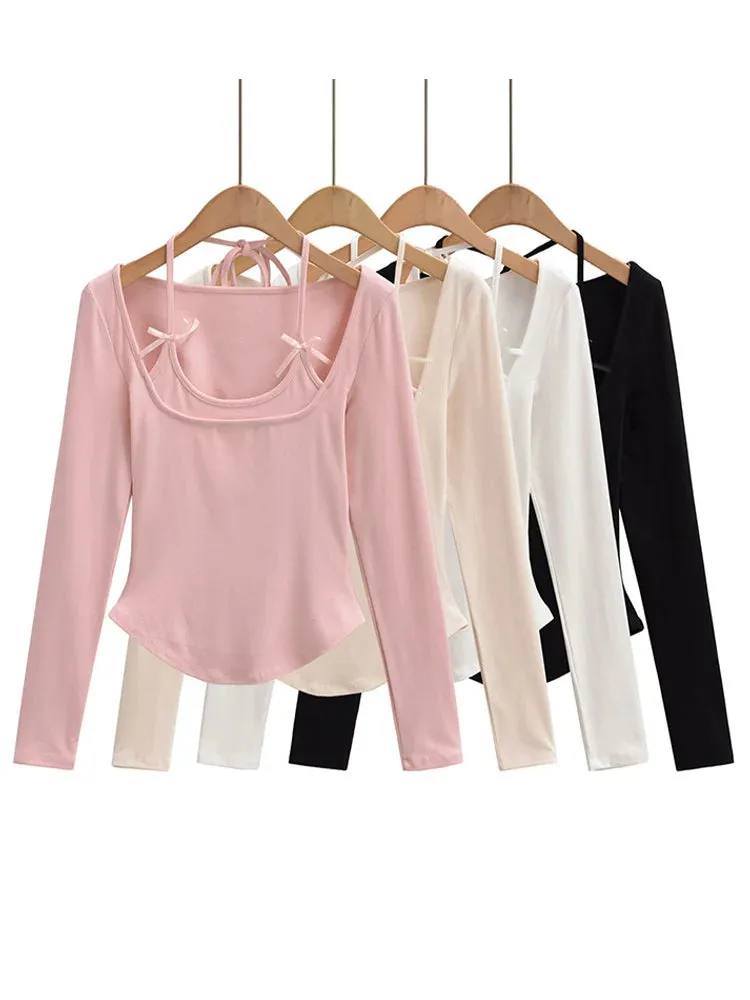 Halter Crop Top Faux 2 Pieces Long Sleeve