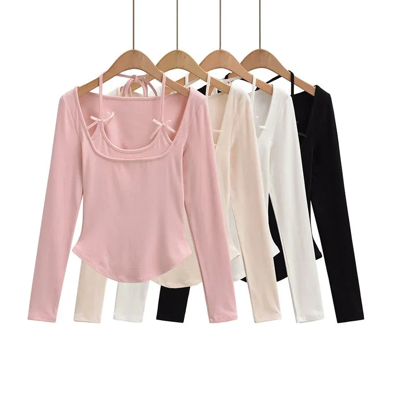 Halter Crop Top Faux 2 Pieces Long Sleeve