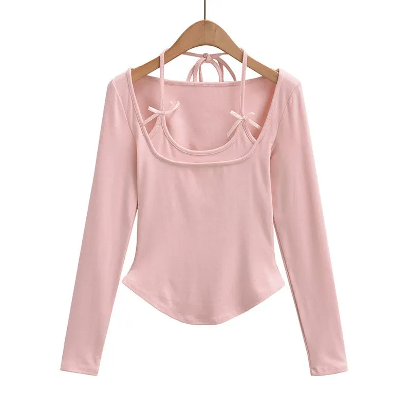 Halter Crop Top Faux 2 Pieces Long Sleeve