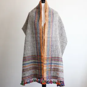 Handspun & Handwoven Woolen Shawl Wrap - Rustic Throw | Colourful Stripes, 37x85"