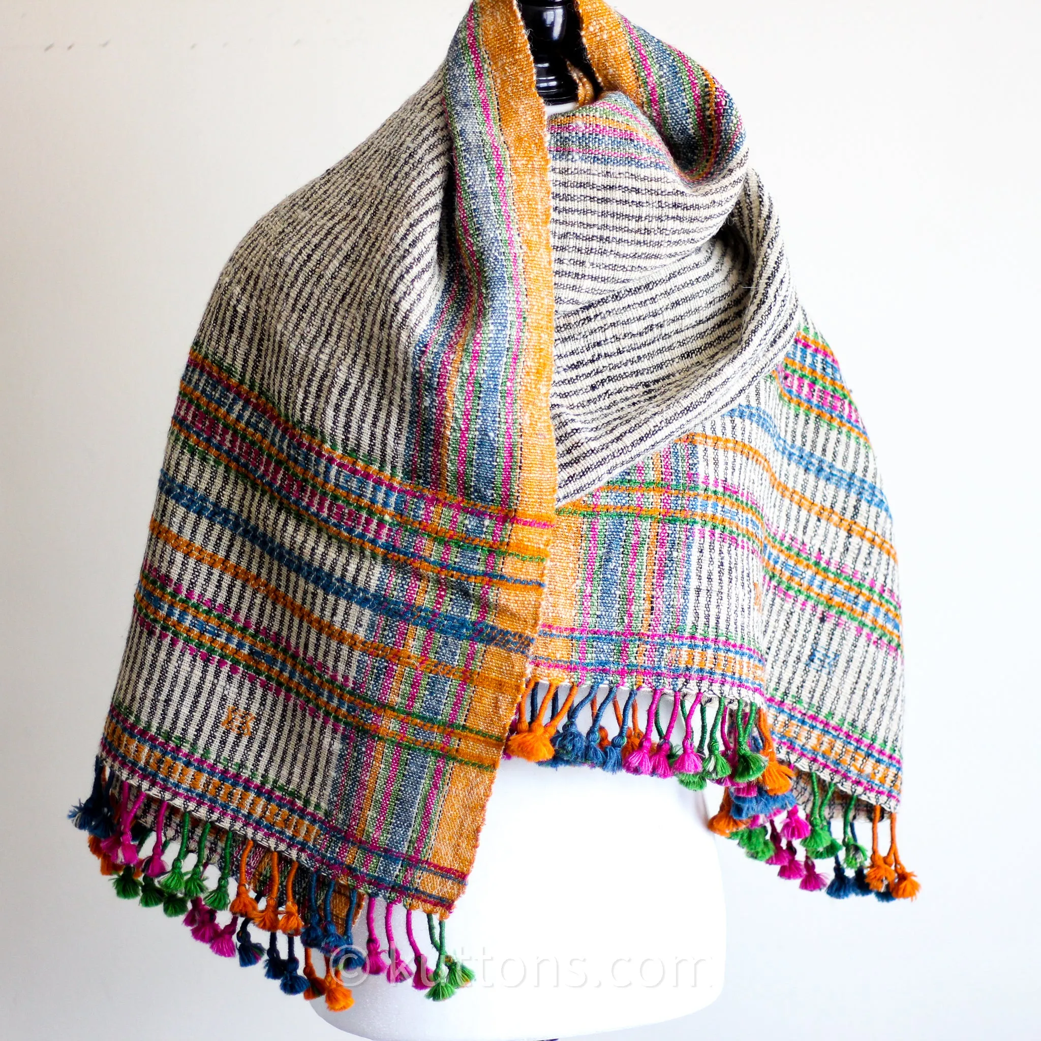 Handspun & Handwoven Woolen Shawl Wrap - Rustic Throw | Colourful Stripes, 37x85"