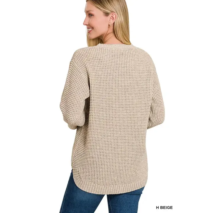 Hi-Low Long Sleeve Round Neck Waffle Sweater in H Beige