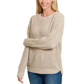 Hi-Low Long Sleeve Round Neck Waffle Sweater in H Beige