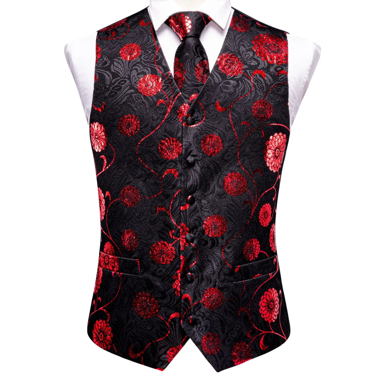 Hi-Tie Black Red Floral Vest Hanky Cufflink Tie Set Waistcoat Suit Set