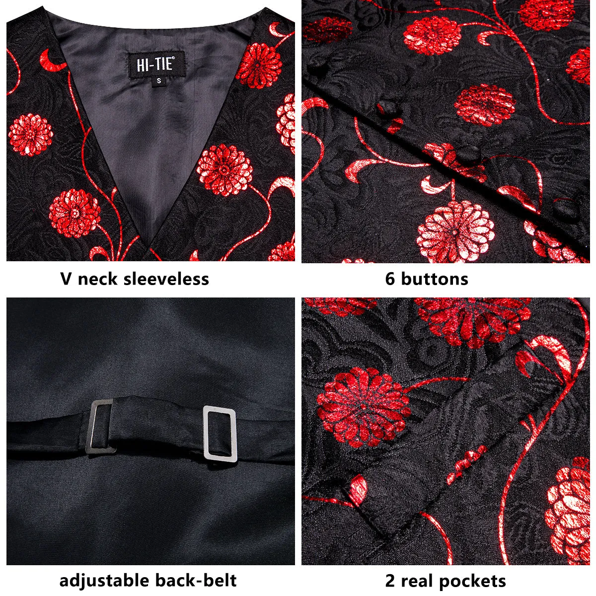 Hi-Tie Black Red Floral Vest Hanky Cufflink Tie Set Waistcoat Suit Set