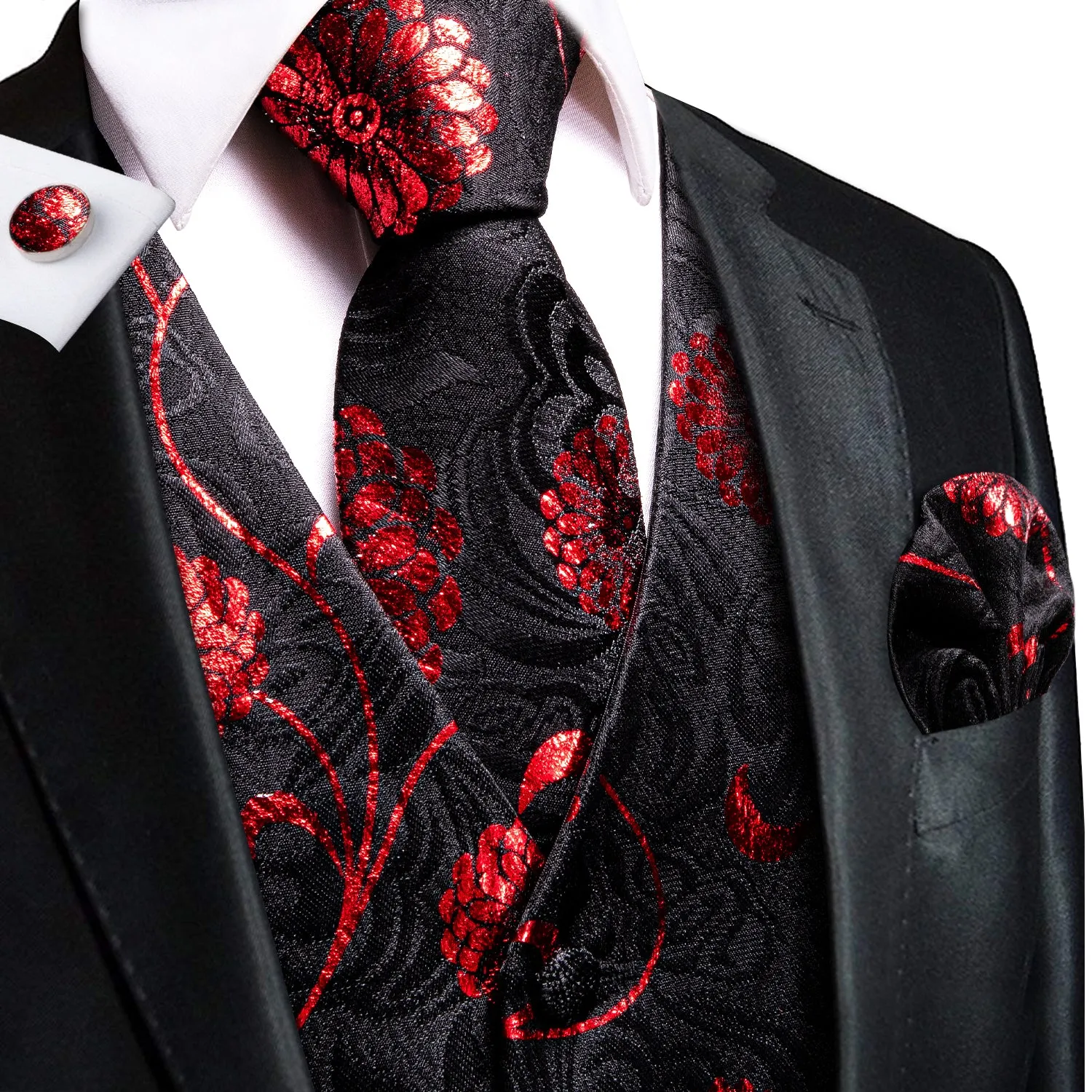 Hi-Tie Black Red Floral Vest Hanky Cufflink Tie Set Waistcoat Suit Set