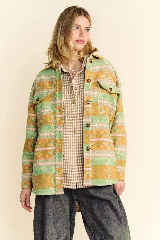 High-Low Geometric Long Sleeve Shacket with Pockets