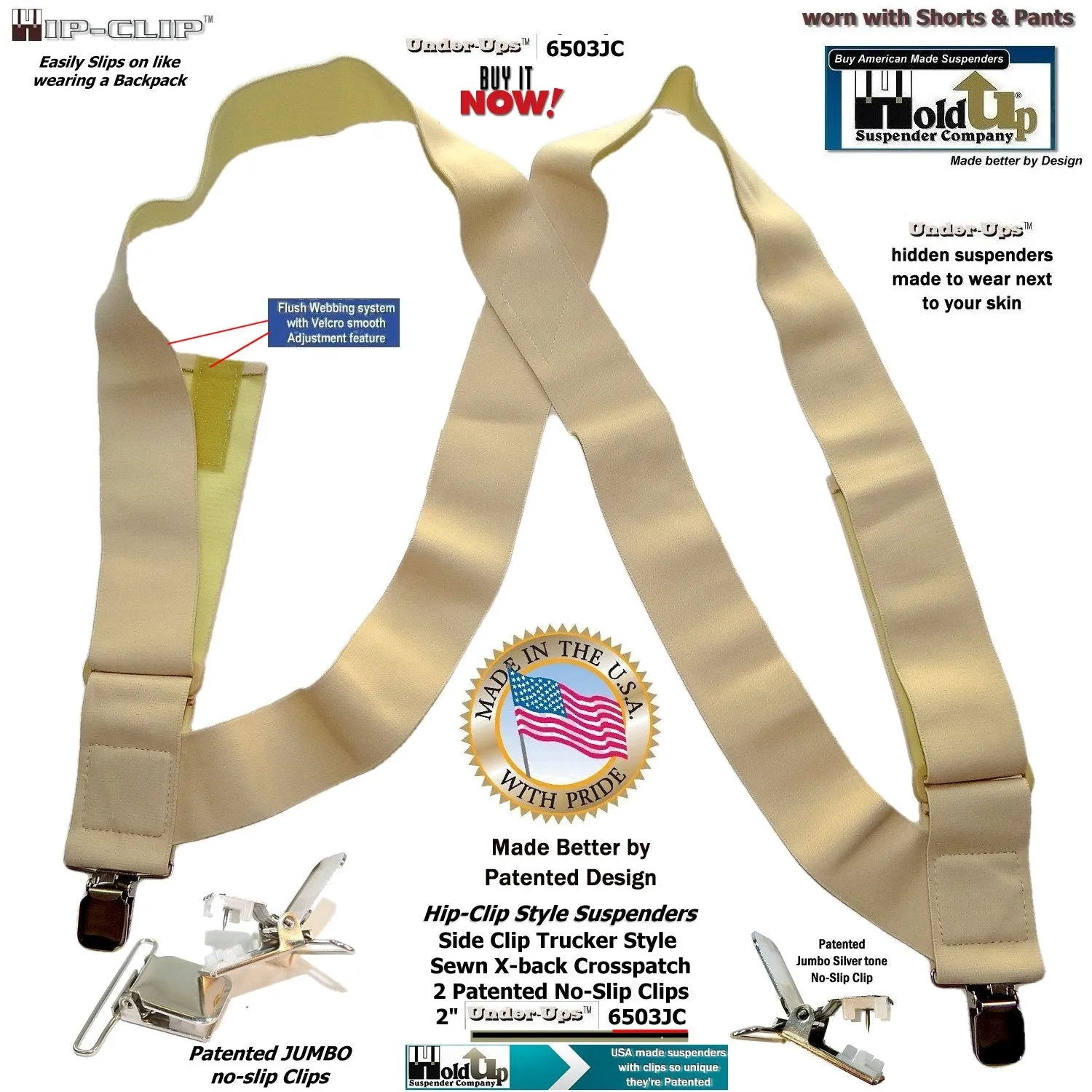 Hip-clip style  2" Wide Holdup Undergarment  hidden Suspenders with Patented No-slip Metal Clips