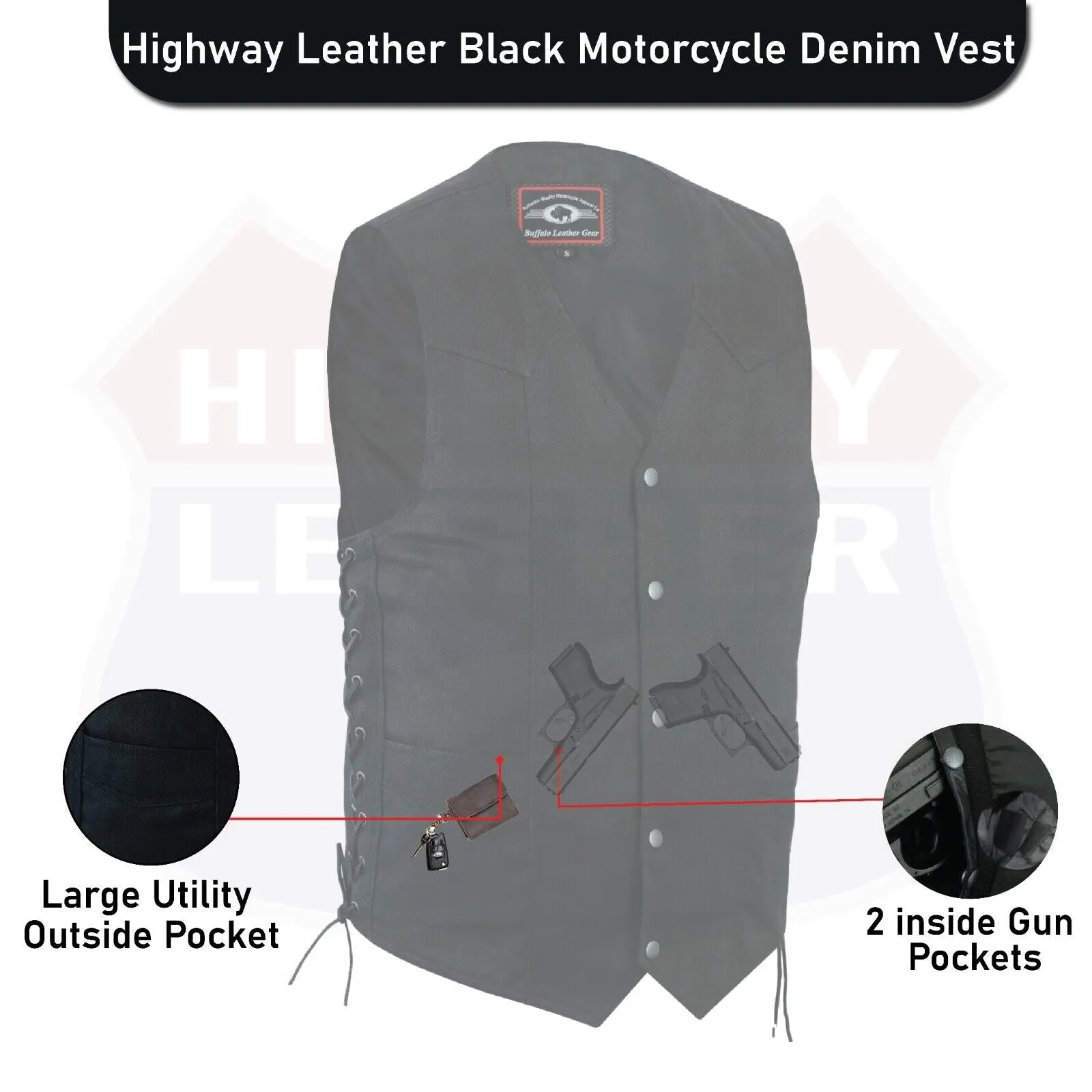 HL21614BLACK DENIM Men's Classic Denim Vest Black Motorcycle Easy Biker Patch Sewing, Side Lacing Western Cut