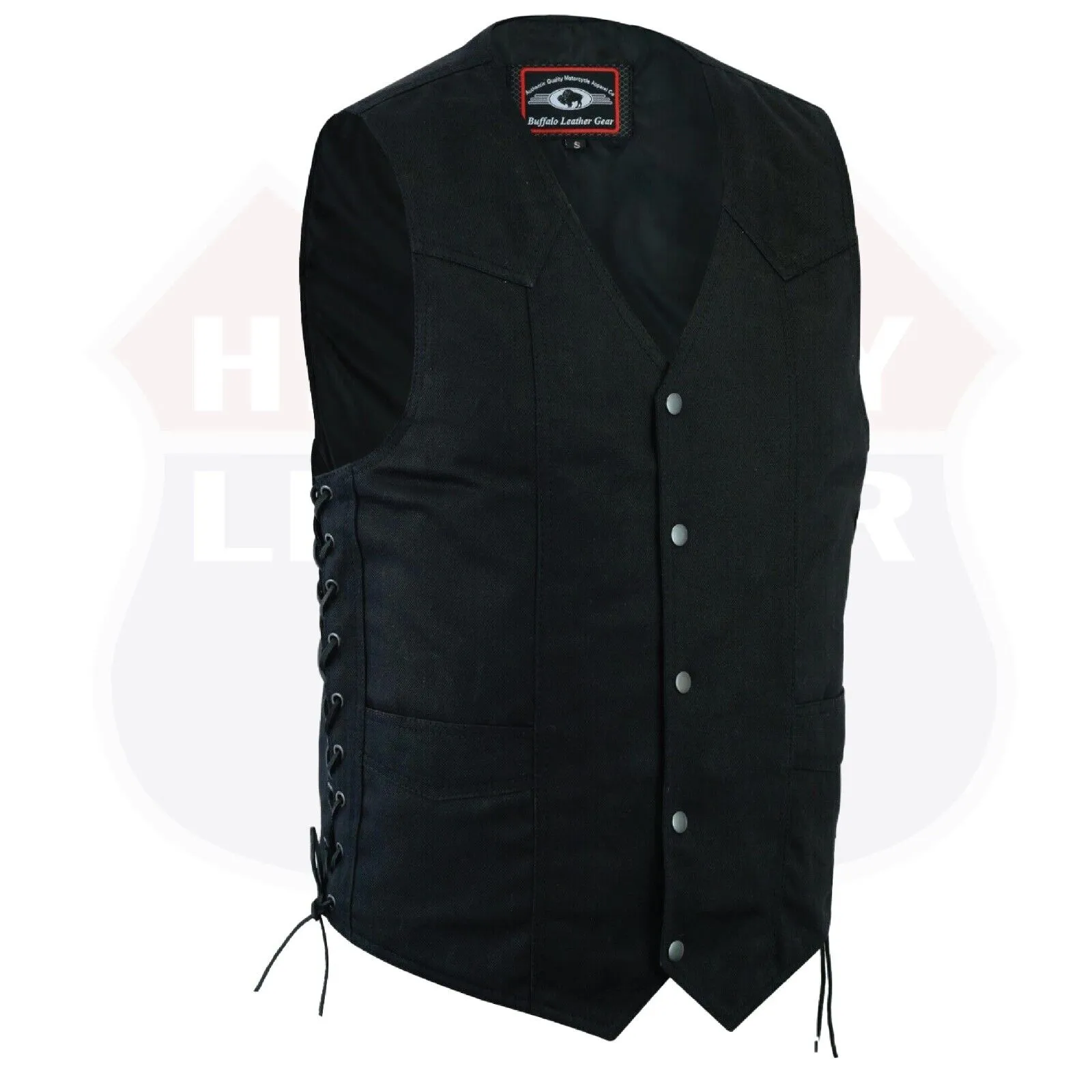 HL21614BLACK DENIM Men's Classic Denim Vest Black Motorcycle Easy Biker Patch Sewing, Side Lacing Western Cut