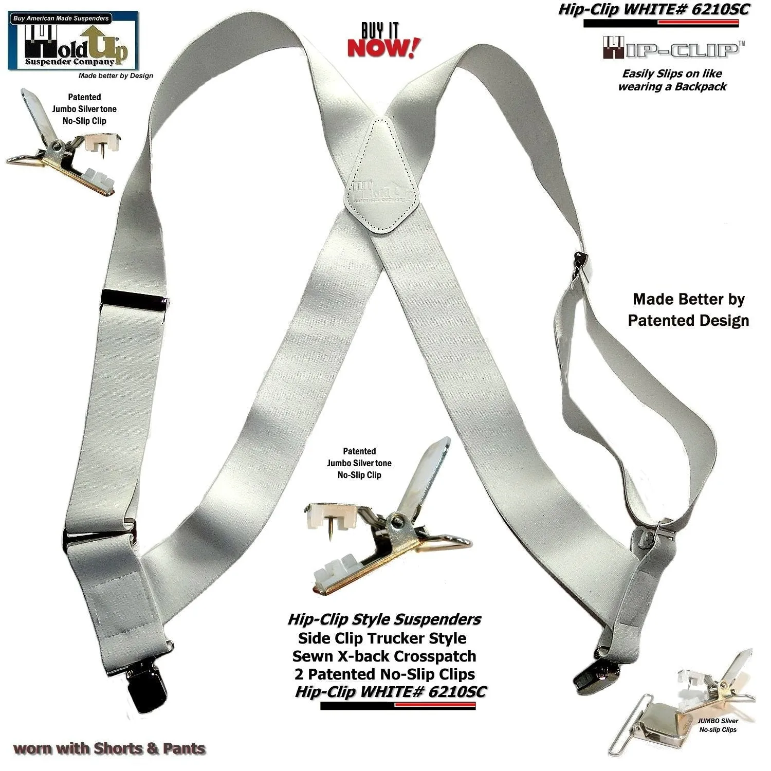 Holdup Brand All White 2" Wide Hip-Clip Suspenders with USA Patented Jumbo Silver No-slip Clips