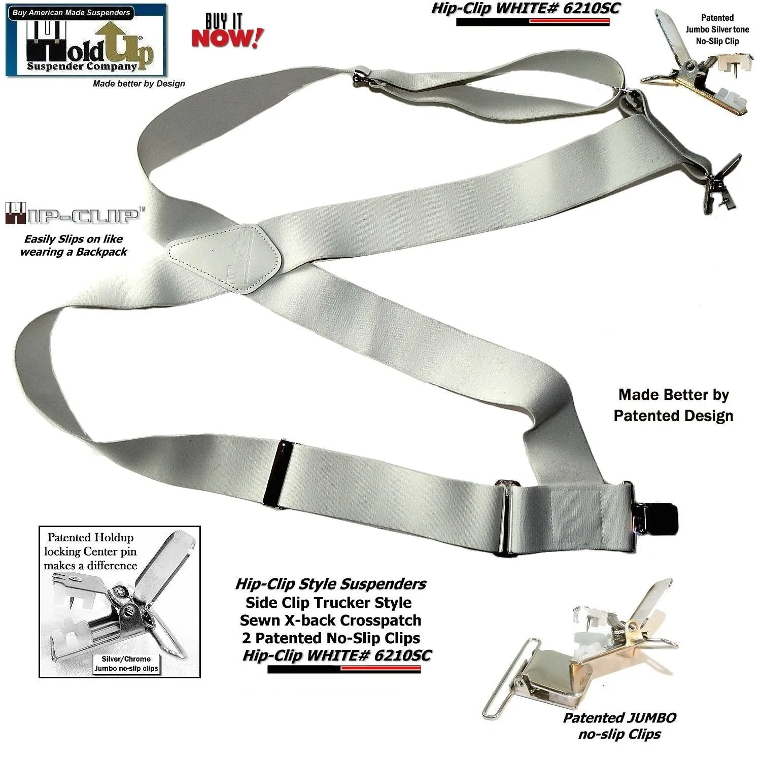 Holdup Brand All White 2" Wide Hip-Clip Suspenders with USA Patented Jumbo Silver No-slip Clips