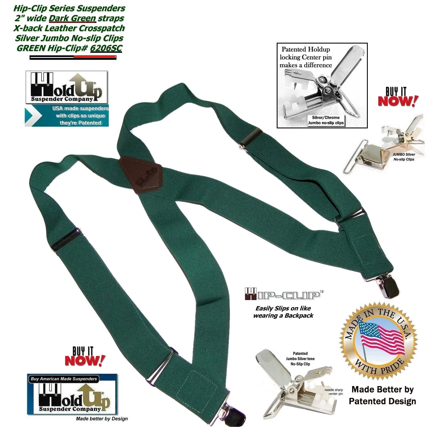 Holdup Brand Dark Green Hip-clip Side Clip Suspenders With Jumbo No-slip Clips