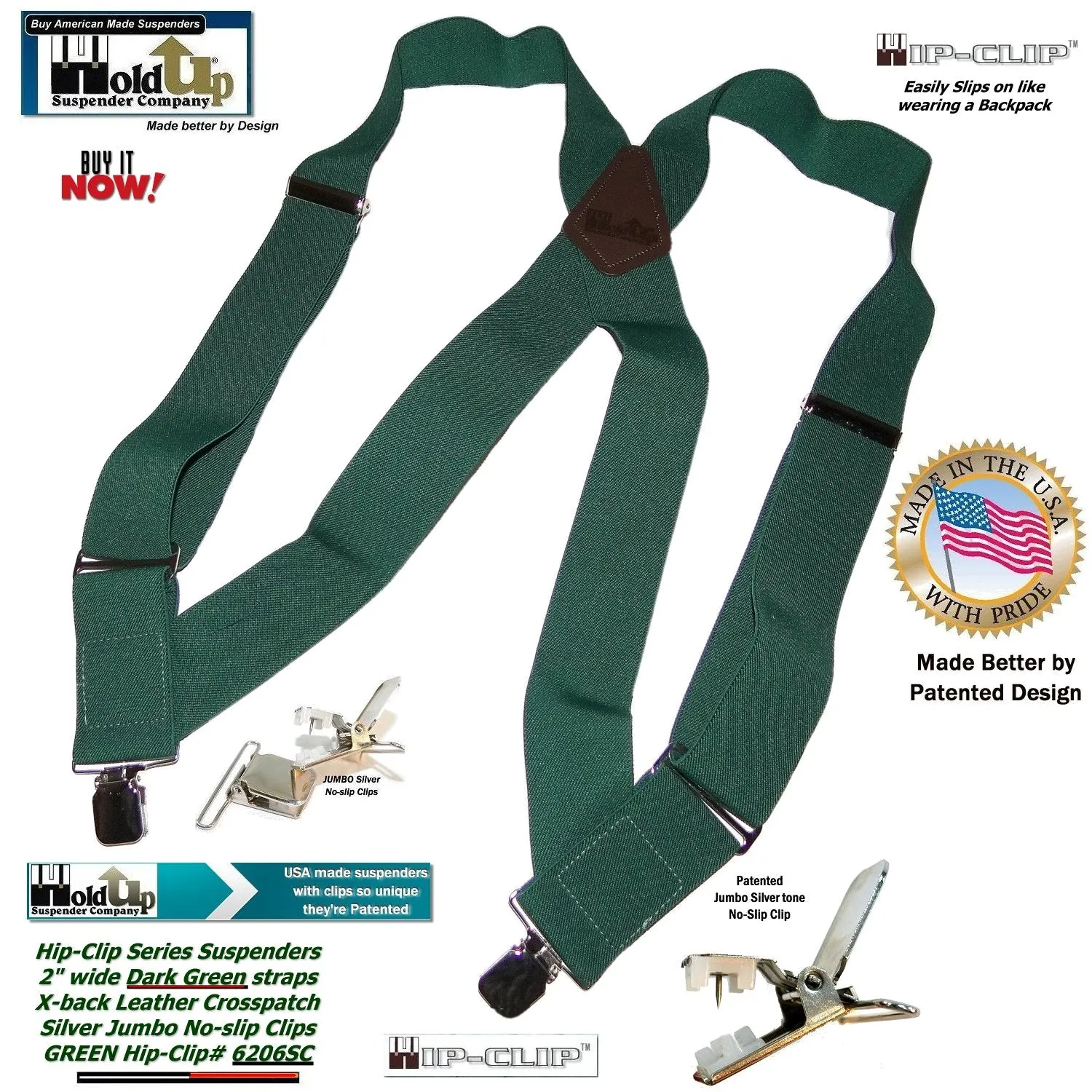 Holdup Brand Dark Green Hip-clip Side Clip Suspenders With Jumbo No-slip Clips