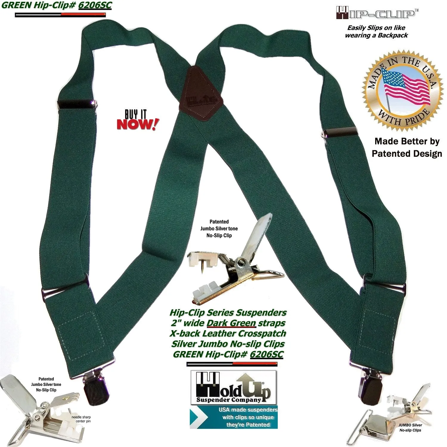 Holdup Brand Dark Green Hip-clip Side Clip Suspenders With Jumbo No-slip Clips