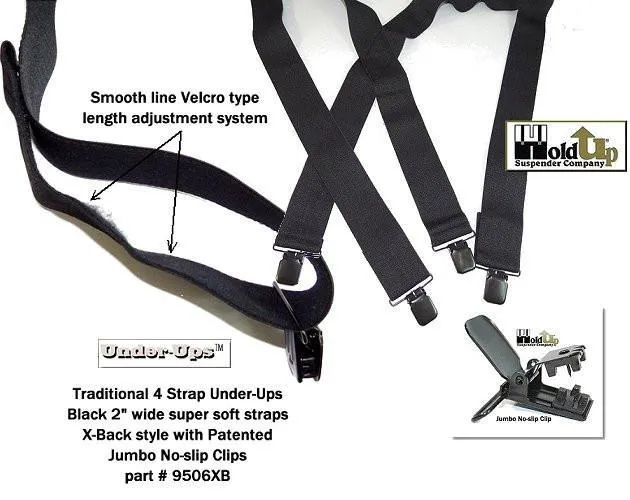 Holdup Wide All Black Undergarment Hidden X-back Suspenders with Patented Black Jumbo No-slip Clips